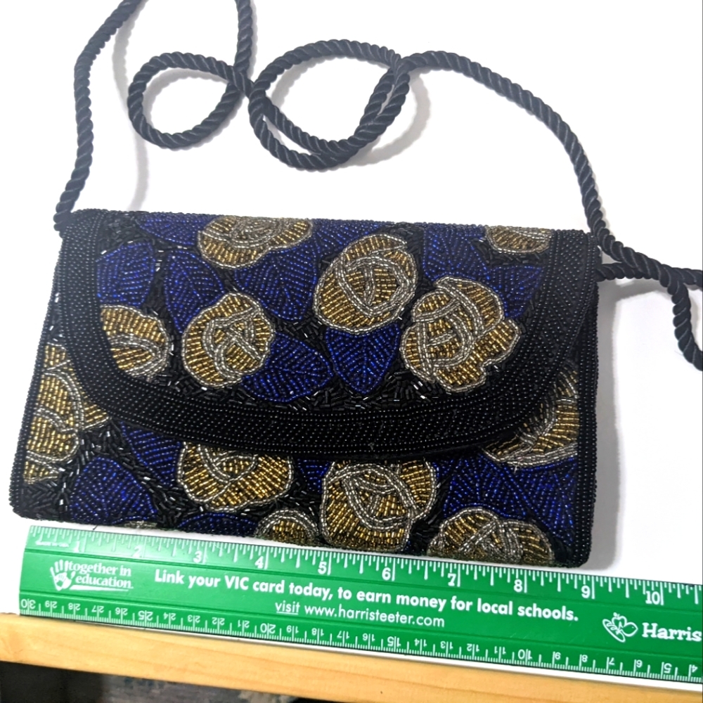 Blue/black/gold beaded handbag